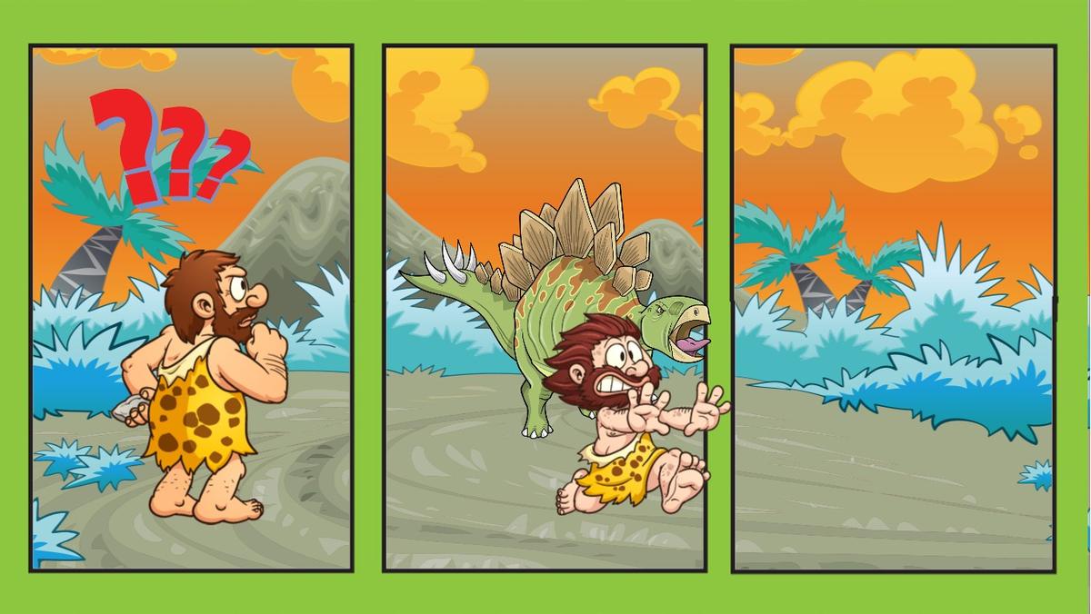 caveman discovers dino!