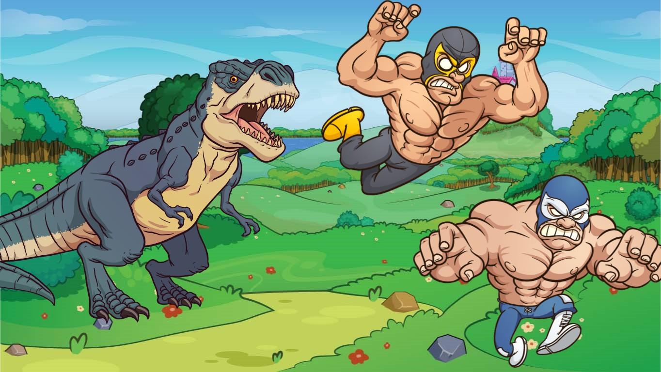 wrestlers and a T/Rex