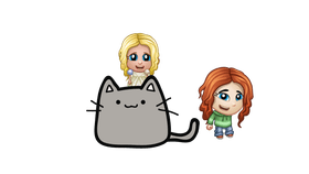 the cat and two girls