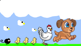 Pew follows some chickens.