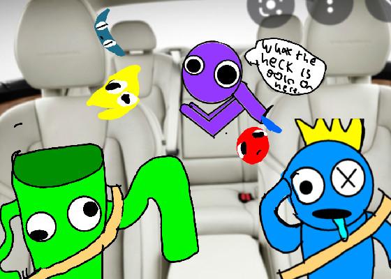 Rainbow freinds in a car