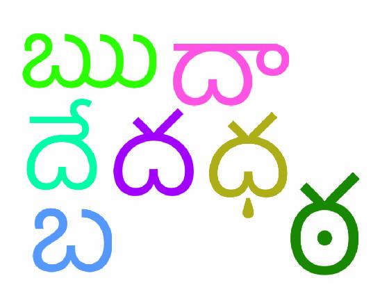 Telugu letters ఋ, దే, ద, ధ, బ, దా, and ఠ